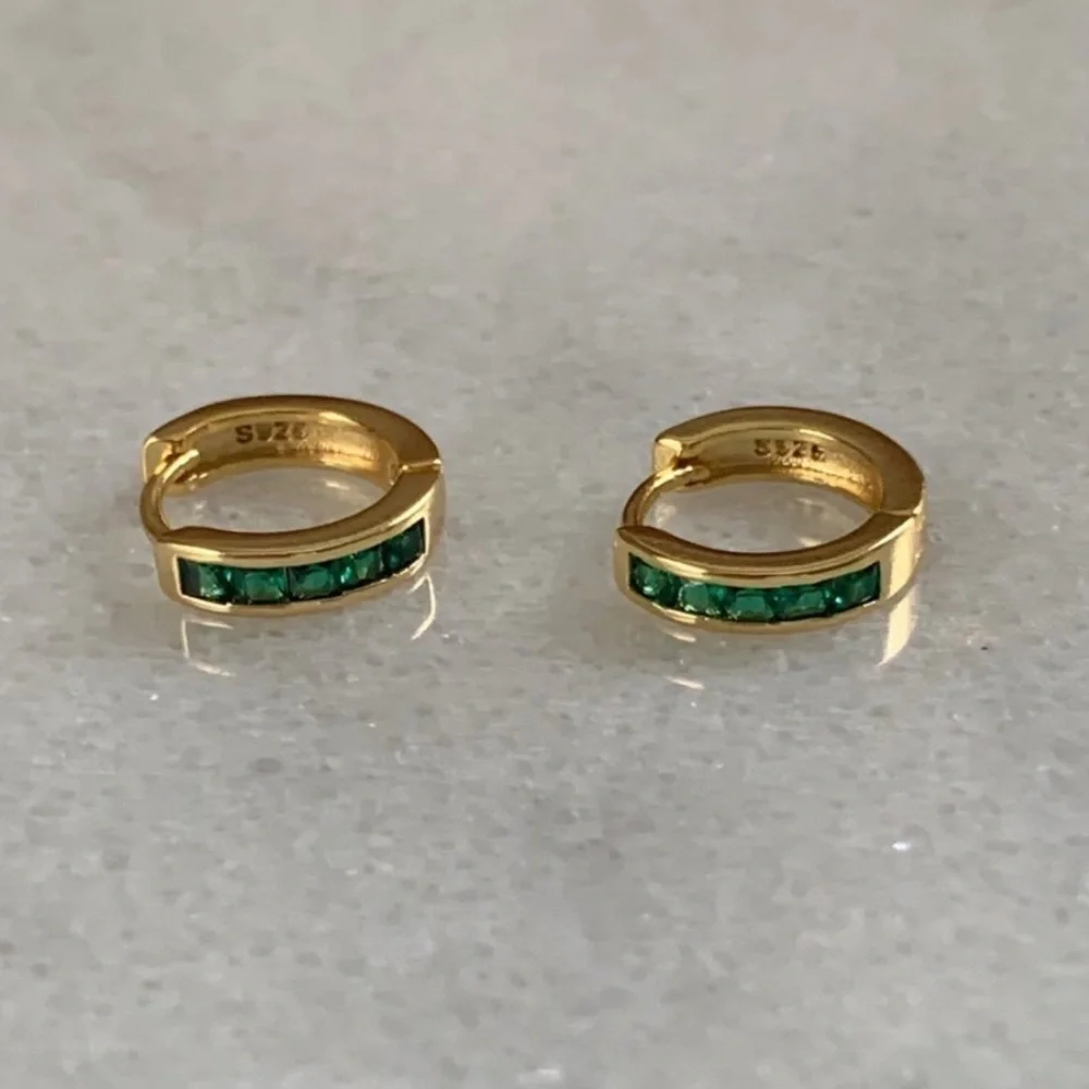Gold Green Crystal Thick Small Huggie Hoop Earrings - Picture 1 of 3
